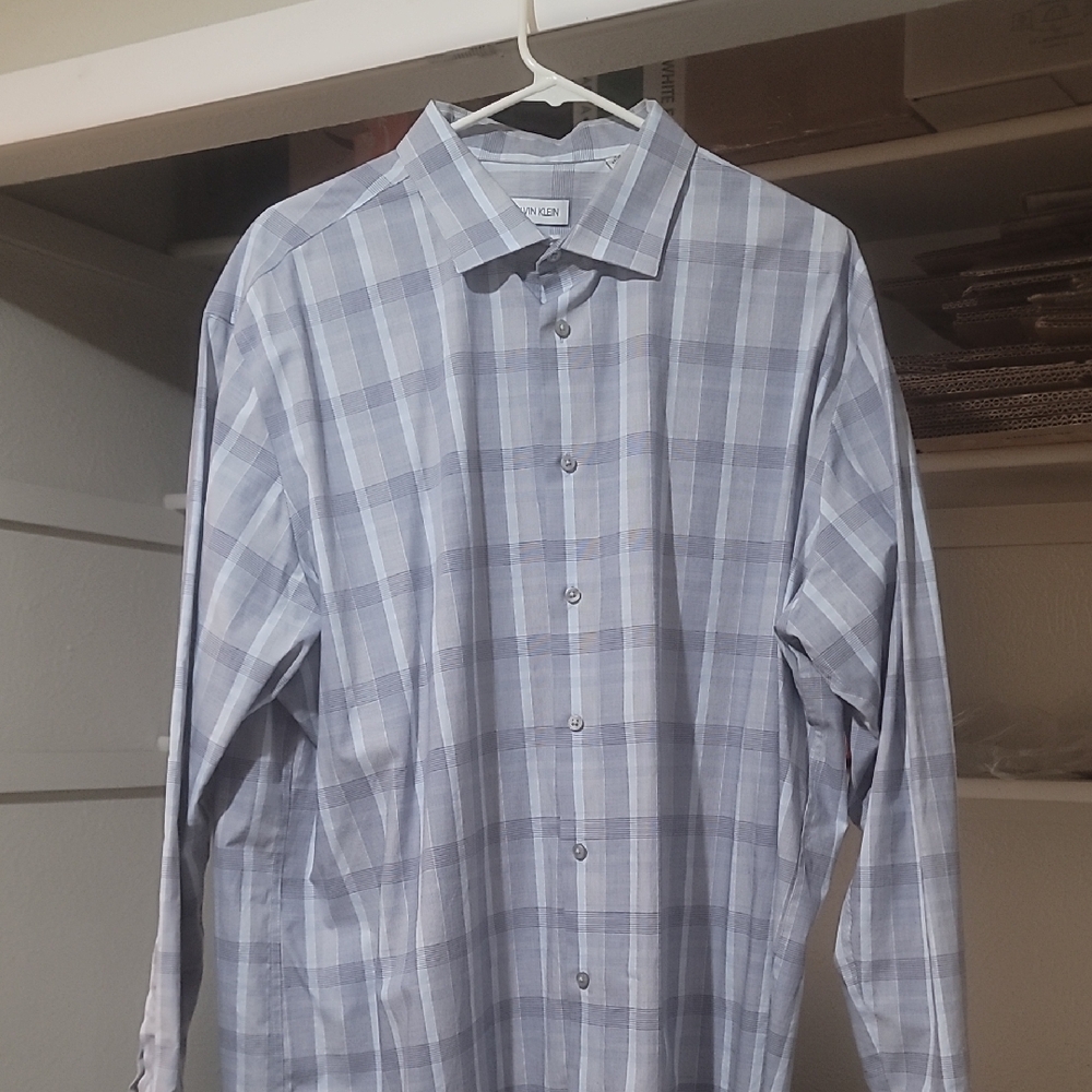 Calvin Klein Gray Dress Shirt with Plaid Pattern